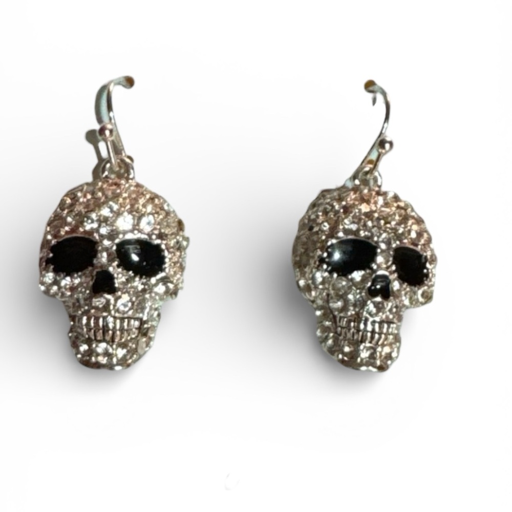 Periwinkle by Barlow CZ Pave Silver and Black Skull Earrings, NWT